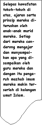 Flowchart: Document: Selepas kewafatan tokoh-tokoh di atas, ajaran serta prinsip mereka di-teruskan oleh anak-anak murid mereka. Setiap dari mereka cen-derong mengajar dan menyampai-kan apa yang di-sampaikan oleh guru mereka dan dengan itu penga-ruh mazhab imam mereka makin ter-serlah di kalangan umat Islam.
