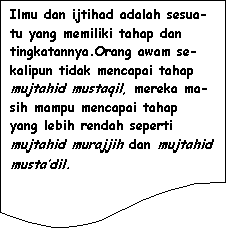 Flowchart: Document: Ilmu dan ijtihad adalah sesua-tu yang memiliki tahap dan tingkatannya.Orang awam se-kalipun tidak mencapai tahap mujtahid mustaqil, mereka ma-sih mampu mencapai tahap yang lebih rendah seperti mujtahid murajjih dan mujtahid musta�dil.