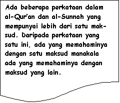 Flowchart: Document: Ada beberapa perkataan dalam al-Qur�an dan al-Sunnah yang mempunyai lebih dari satu mak-sud. Daripada perkataan yang satu ini, ada yang memahaminya dengan satu maksud manakala ada yang memahaminya dengan maksud yang lain.