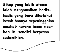 Flowchart: Document: Sikap yang lebih utama ialah mengamalkan hadis-hadis yang baru diketahui kesahihannya sepeninggalan mazhab kerana imam maz-hab itu sendiri berpesan sedemikian.